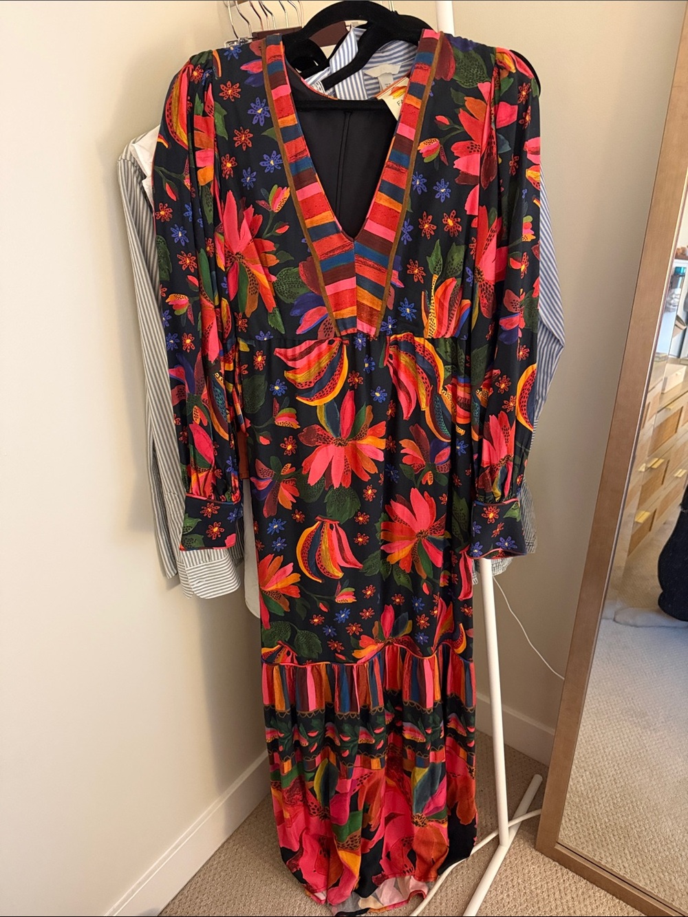 Farm Rio V-Neck Floral Maxi Dress in Black with Pink & Red Accents